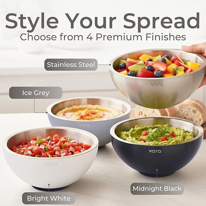 Vora 70oz Dip Chiller Bowl with Lid | Stainless Steel Chilled Dip Bowl for Dips, Guacamole, Hummus, Salsa | Insulated Serving Dishes with Easiest Water Fill & Refillable Chamber