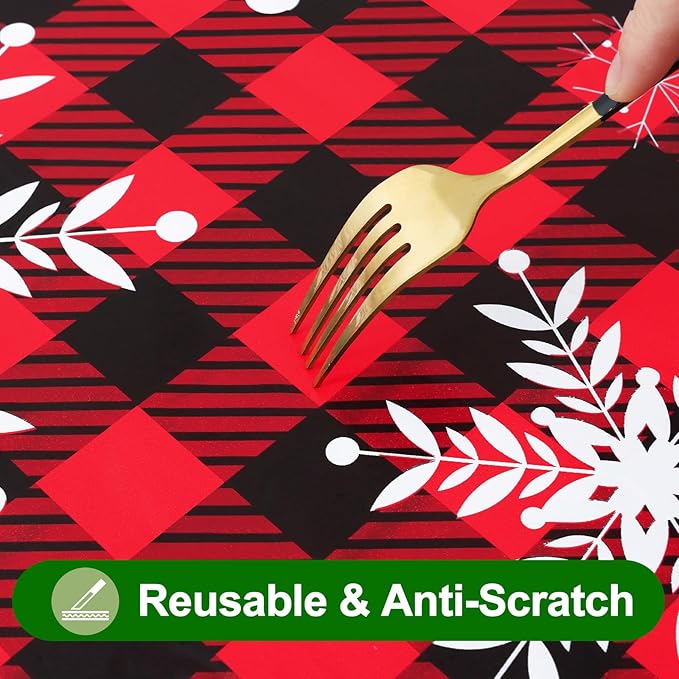 Smiry Christmas Rectangle Table Cloth, Waterproof Vinyl Tablecloth with Flannel Backing, Wipeable Bufflo Checked Snowflake Plastic Tablecloths for Christmas Table Decorations, (60"x120", Black & Red)