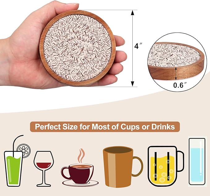 Best Absorbent Wooden Coasters Set of 5 Mixed Brown Woven Coaster Modern 4 Inches Acacia Wood Coasters for Drinks, Coffee Table Decor, Farmhouse, Bar, Office, Beer, Kitchen, Dining Room, Outdoor, Desk