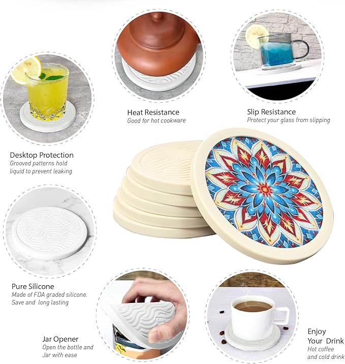 Mandala Non-Slip Silicone Coasters, 4-Pack Double-Sided Absorbent Cup Mats for Hot & Cold Drinks, Scratch & Water Ring Protection for Wood Tables, Home Office Bar Use (4PC Wanda La)