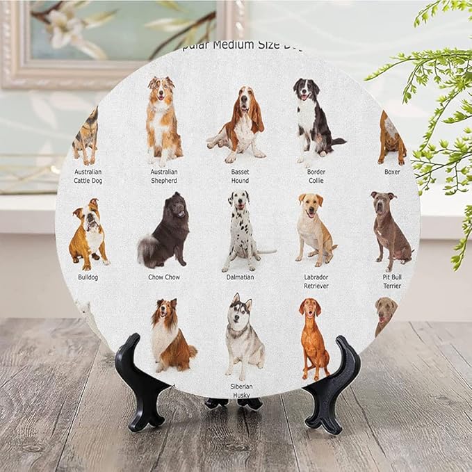 Ceramic Display Plate, Dog Ceramic Hanging Decorative Plate, AGroup of Different Puppy Breeds Family Type Species, 7 Inch, Living Room Kitchen Decoration Household, Multi