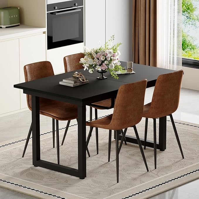 Modern Dining Table Set for 6, 55"-71" Extendable Dining Room Table Set for 6, Black Kitchen Table with 6 Upholstered Chairs, Space-Saving for Dining Room Apartment, Easy Assembly
