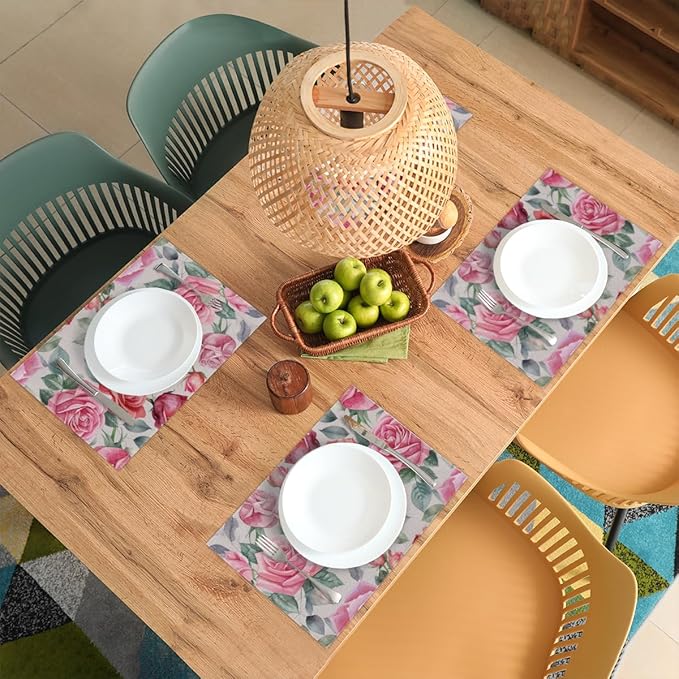 Pink Rose Placemats Set of 4, Washable Elegant Vintage Placemats, Non-Slip Table Rectangle Linen Place Mats for Kitchen Dining Party Farmhouse Home Indoor Table Decor
