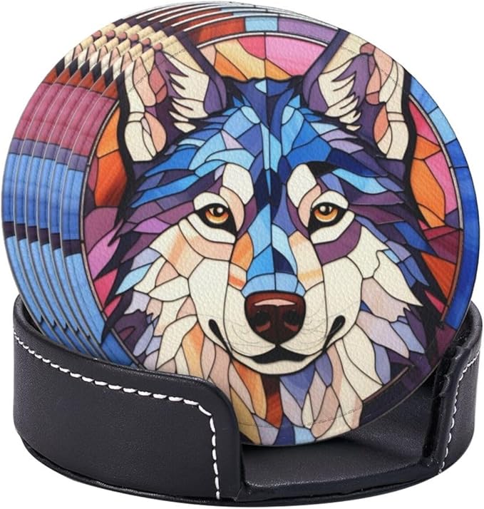 Drink Coaster Set of 6, Siberian Husky Dog Mom Lover Gift,Leather Drink Coasters with Holder,6 Pack Cup/Bar/Drink Coasters for Table/Drinks/Coffee Protection Housewarming Gift