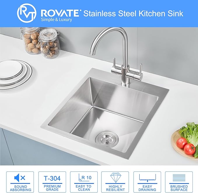 ROVATE 17 x 19 Inch Drop in Bar Sink Single Bowl, Topmount 304 Stainless Steel Small Kitchen Sink with 1 Hole, Handmade Overmount Wet Bar Prep Sinks with Basket Strainer