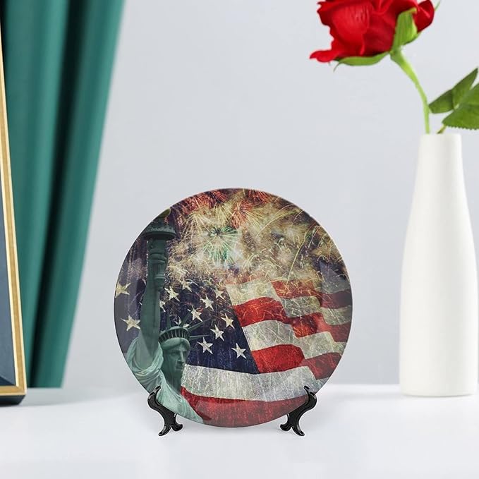 Ceramic Display Plate, American Flag Ceramic Hanging Decorative Plate, Fireworks 4th of July, 10 Inch, Living Room Kitchen Decoration Household, Multicolor