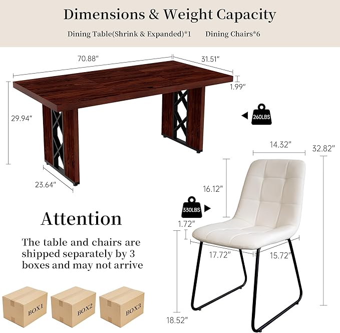 7-Piece Dining Table Set for 6 People, 70.8" MDF Kitchen Table with 6 Upholstered Chairs, Space-Saving for Dining Room, Breakfast Nook(Walnut Table+6 White Chairs