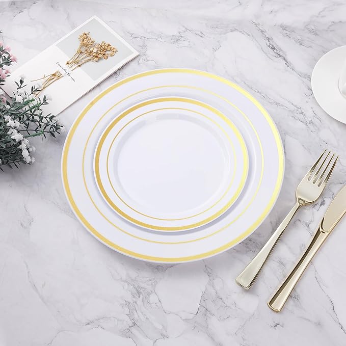 BESTVIP 200PCS Gold Plastic Plate, Disposable Party Plates with 100 Dinner Plates and 100 Dessert Plates, Plastic Plates for Party, Wedding and Birthday