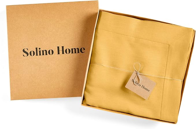 Solino Home Linen Tablecloth for Rectangle Tables 60 x 132 Inch - 100% Pure Linen Mustard Yellow Table Cloth - Fete, Machine Washable Cloth Tablecloth for Spring, Easter