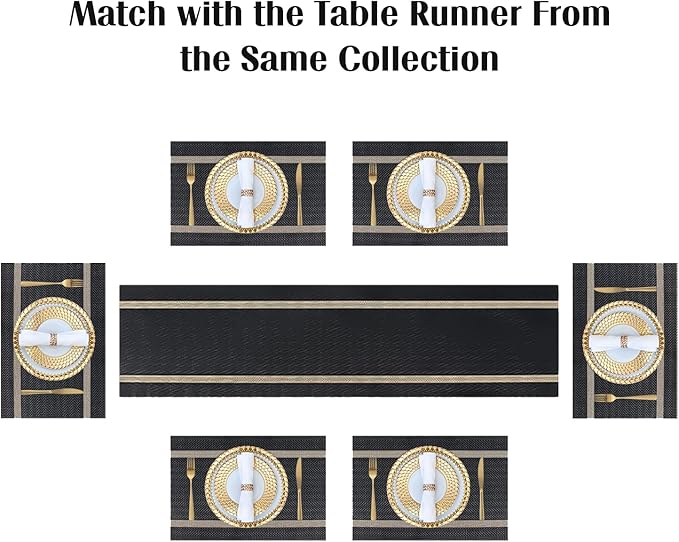 FAVE Placemats Set of 6 Black Placemats Woven with Golden Thread Durable and Wipeable Vinyl Placemat Set of 6 for Wedding, Banquet, Birthday, Party, Restaurant Decorations（Black）