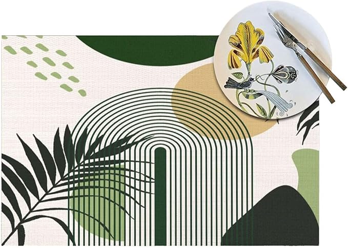 Boho Mid Century Sun Placemats Printed Modern Rainbow Leaves Green Design Washable Place Mats 12x18Inch for Dining Kitchen Farmhouse Decor 4 PCS