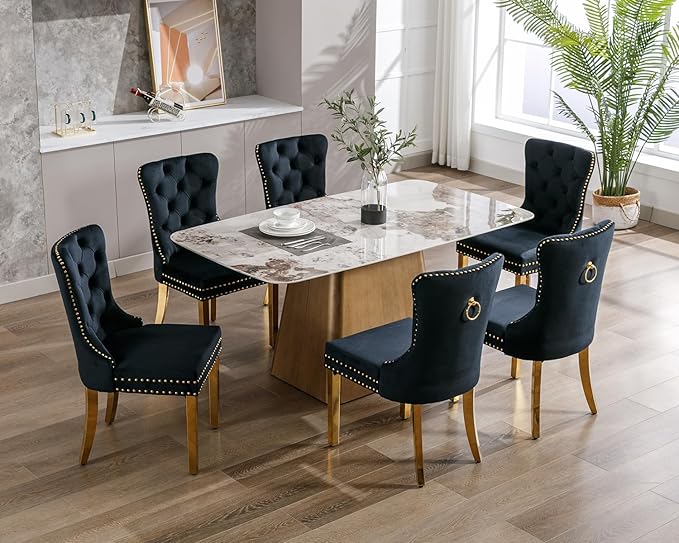KCC Velvet Dining Chairs Set of 6, Upholstered High-end Tufted Dining Chair with Nailhead Back Ring Pull Trim Stainless Steel Legs, Contemporary Nikki Collection Modern Style for Kitchen, Black