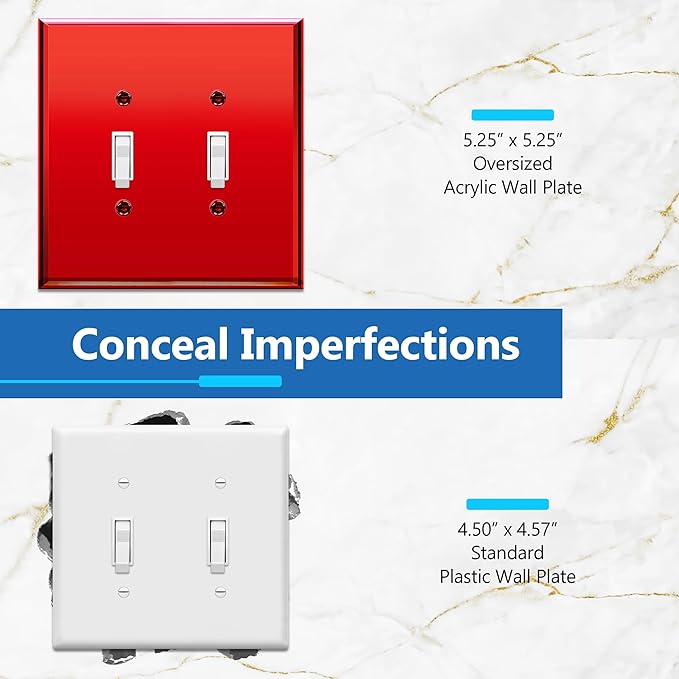 LIDER Double Toggle Switch Acrylic Wall Plate, Mirrored Dual Light Switch Plate, Plexiglass Switch Cover, Reflective Finish, Modern Decoration Upgrade, Oversized 2-Gang 5.25" x 5.25", Red