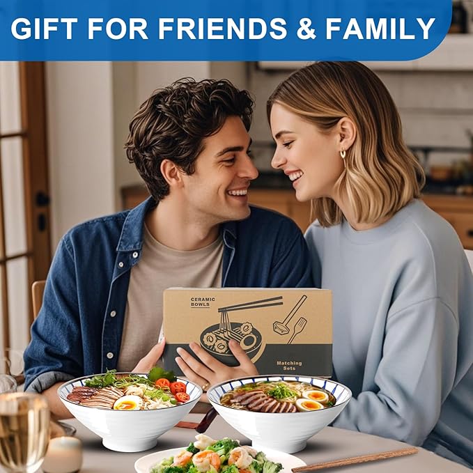 8-Inch Ceramic Ramen Bowl Set of 2 (9 Piece) - Porcelain Japanese Salad Noodles Cereal Fruit Pasta Soup Large Bowls with Recipes Chopsticks Forks Spoons for Men Women Gift Microwave & Dishwasher Safe