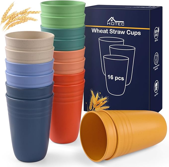 HOTEC 16-Pack 15oz Plastic Cups, BPA-Free Reusable Drinking Cup set, Unbreakable Tumblers, Dishwasher Safe Water Plastic Glasses, Multicolor