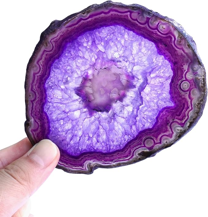 Purple Agate Slices Large Crystal Geode Coasters Set of 4 with Rubber Bumpers - Unique 4-5 Inch Dyed Stone Drink Cup Coasters for Home Decor, Coffee Table, Bar Accessories