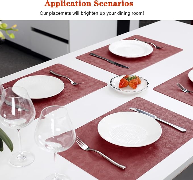 Vinyl Placemats Set of 4 Heat Resistant Easy Clean Non-Slip Place Mats for Dining Table Faux Leather Waterproof Stain Resistant Wipeable Washable PVC Table Mats(4, Red)