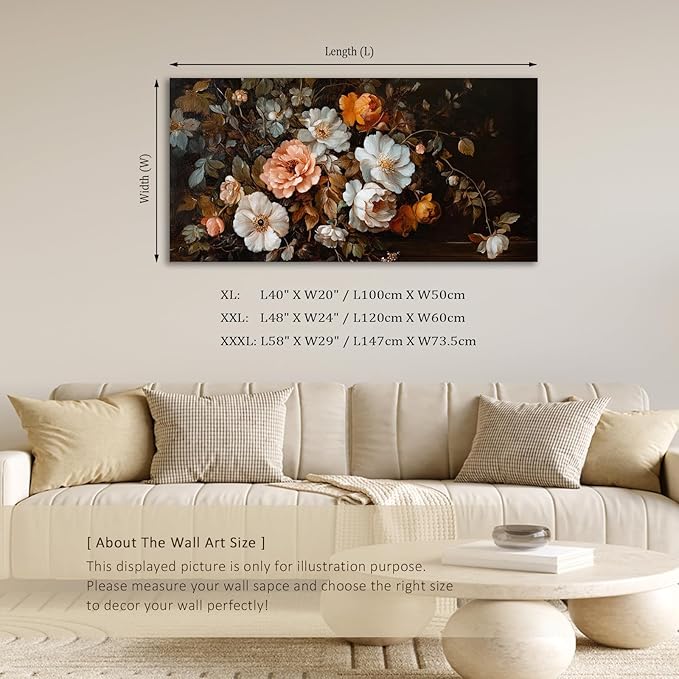 ADJUVANT Wall Art Vintage Floral Bouquet 60" L x 30" W, Old Fashioned Flowers Canvas Painting Romantic Artwork Classic Blooms Prints Botanic Wall Decor for Living Room Bedroom Dining Room Home Office