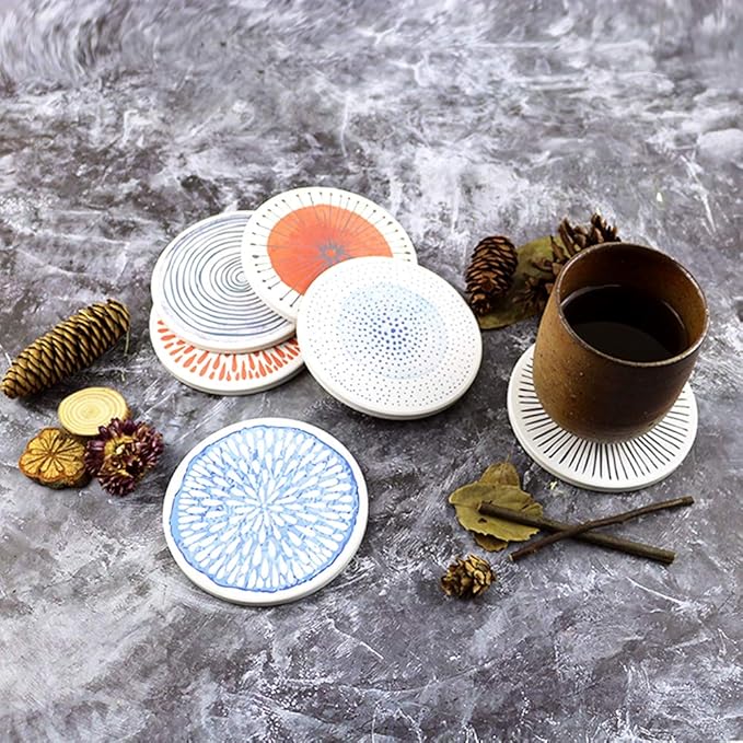 AD Set of 6 Coasters for Drinks Absorbing Round Ceramic Stone Coaster with Cork Base Tabletop Protection Mat for Mugs and Cups,Office,Kitchen (Colorful with Holder)
