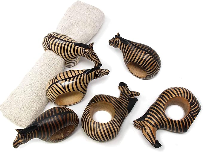 Global Crafts Handcarved Mahogany Wooden Napkin Ring Holders, Zebra, Set of 6 (KWF012_Z)