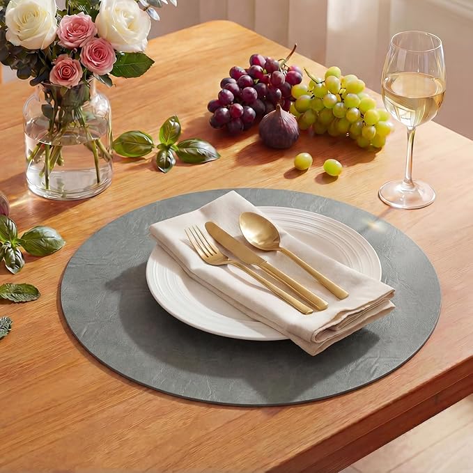 Artoid Mode Grey Faux Leather Placemats Set of 6, 15 Inch Waterproof Wipeable Heat Resistant Vinyl Place Mats, Reversible Table Mats for Winter Kitchen Dining Decor