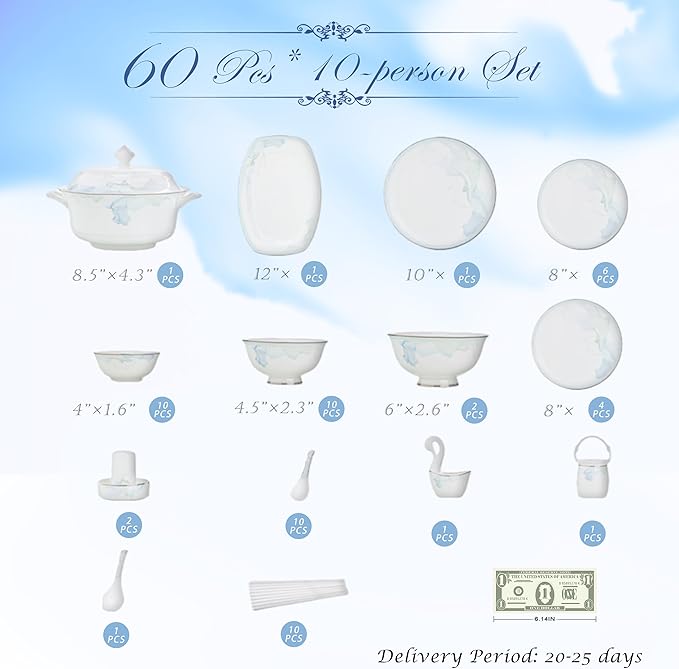 60 Pcs Fine Bone China Dinnerware Set, Porcelain&Ceramic Dinnerware Sets,Bone Stoneware&Ceramic Cookware Tableware Set Includes Dinner Plates|Spoons|Pasta Bowls|Soup Pot|Chopsticks