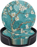 Coasters for Drinks PU Leather,Set of 6 with Holder,Round Housewarming Gift Home Decor,Teal Green Almond Flowers