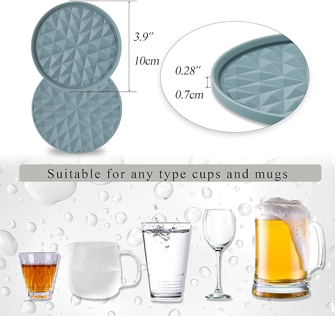 Silicone Coasters for Drinks[8 Pack, No Holder]- Cup Mat for Tabletop Protection-Non-Slip, Non-Stick, Coffee Table Decor, Great Gift for Any Occasion, Light Blue