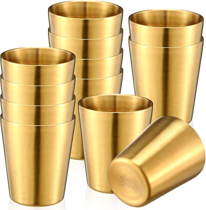 Amyhill 12 Pieces Stainless Steel Cups Double Wall Tumbler Glasses Stackable Metal Drinking Cups Insulated Drinking Glasses Reusable Camping Mugs for Home Camping RV BBQ Office Party(Gold,8.8 oz)