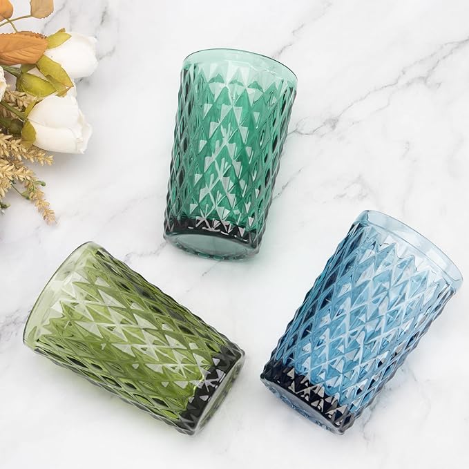 Topsky Highball Drinking Glasses Set of 6,12 oz Colored Glassware with Geometric Diamond Pattern,Embossed Diamond Tumblers,Blue Vintage Glassware Set for Beer,Juice,Cocktail