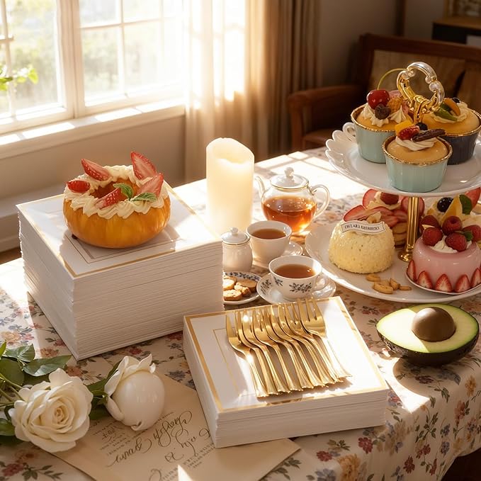 WDF 200PCS Gold Plastic Dessert Plates with Plastic Forks -6” 100 Square Disposable Appetizer Plates Small Plate Cake Plate &100 Gold Small Appetizer Forks for Daily Using Thanksgiving