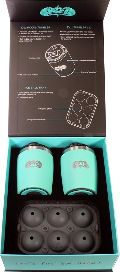 Toadfish Non-tipping 10oz Double Wall Insulated Stainless Steel Rocks Tumbler 2-Pack Gift Set w/Ice Ball Tray & Easy Slide Lid - Teal