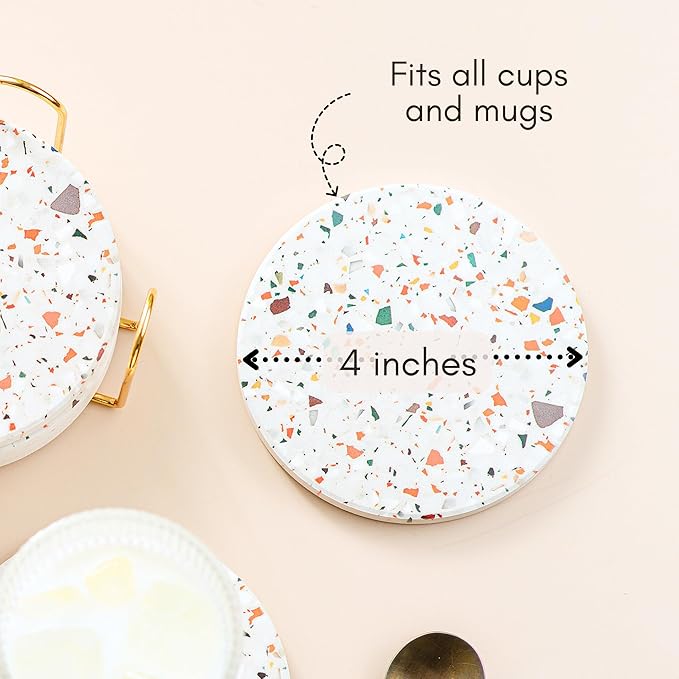 Terrazzo Coasters Set of 6, Ceramic Absorbent Drink Coasters, Cute Moisture Absorbing Coaster, Coffee Table Desk Decor, Colorful Stone Coaster for Drinks (Sage)