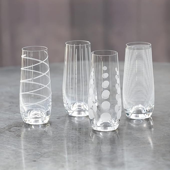 Mikasa Cheers Stemless Flutes, Set of 4-7.5 Oz Crystal Champagne Glasses with Playful Dot, Line & Swirl Designs - Unique Toasting Glassware for Sparkling Wine & Cocktails, Lead-Free