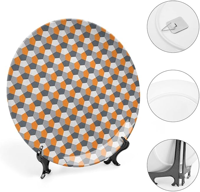 Decorative Plates, Abstract Print Ornament, Modern Style Mosaic Tile with Hexagonal Shapes, 8 Inch, Kitchen Wall Decor, Grey Charcoal Grey Orange