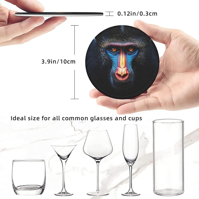 Mandrill face Printed Leather Coasters for Drinks, Set of 6 Drink Coaster Dining Room Decor Cup Coasters