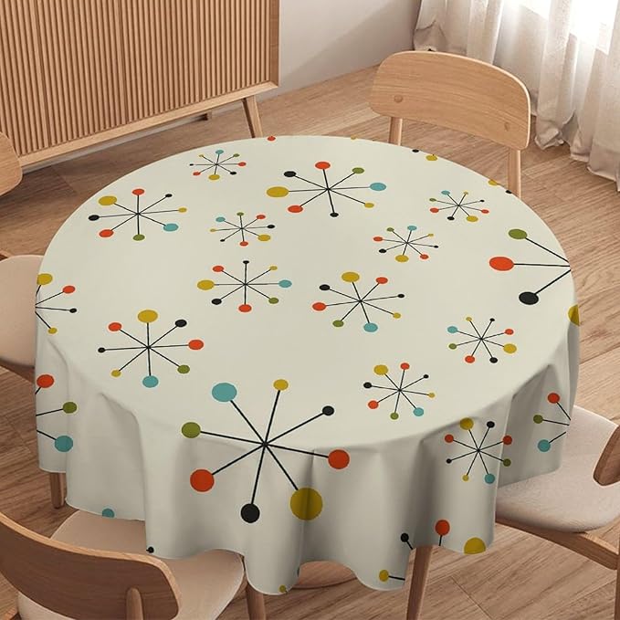 Medieval Round Tablecloth, Boho Mid Century Abstract Modern Retro Colors Pattern Tablecloth for Home Party Dining Room Kitchen Decor 70Inch(178cm)