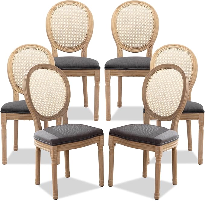 SoarFlash French Dining Chairs Set of 6, Vantage Dining Chair with Round Back, Farmhouse Country Rattan Dining Chair for Kitchen,Bedroom,Deep Grey