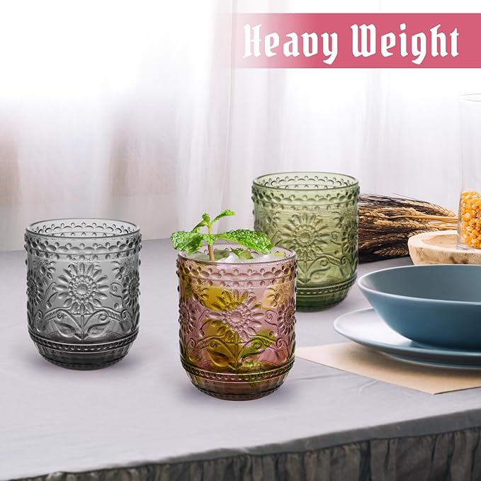 Topsky Vintage Drinking Glass Set of 4,12 oz Embossed Floral Drinkware Set,Colorful Drinking Glasses Cups Wine Glasses Colored Glassware for Whisky,Beer,Juice,Cocktail,Heavy Duty