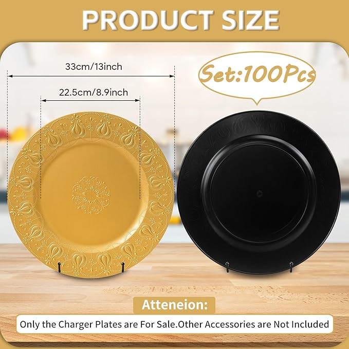 PROY 100 Pcs Gold Charger Plates Bulk, Premium Gold Chargers for Dinner Plates, Table Chargers for Table Setting, Wedding