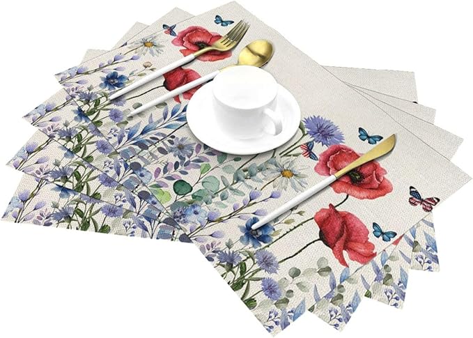 Independence Day Floral Placemats 12x18 Inches Set of 4, 4th of July Blue Red Flower Placemats Summer Decorative Rectangle Modern Table Mats for Party Home Kitchen Dining Table Decoration