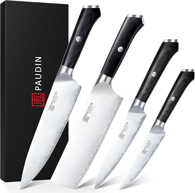 PAUDIN Kitchen Knife Set, 4 Pieces Chef Knife Set, High Carbon Stainless Steel Knife Set, Ultra-Sharp Knives Set for Kitchen with Ergonomic Wooden Handle, Gifts for Men and Women