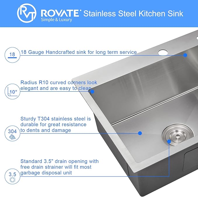 ROVATE 22 x 18 inch Drop-in Kitchen Sink Single Bowl, Small Topmount Kitchen Sink, Handmade 304 Stainless Steel Overmount Sinks with Strainer