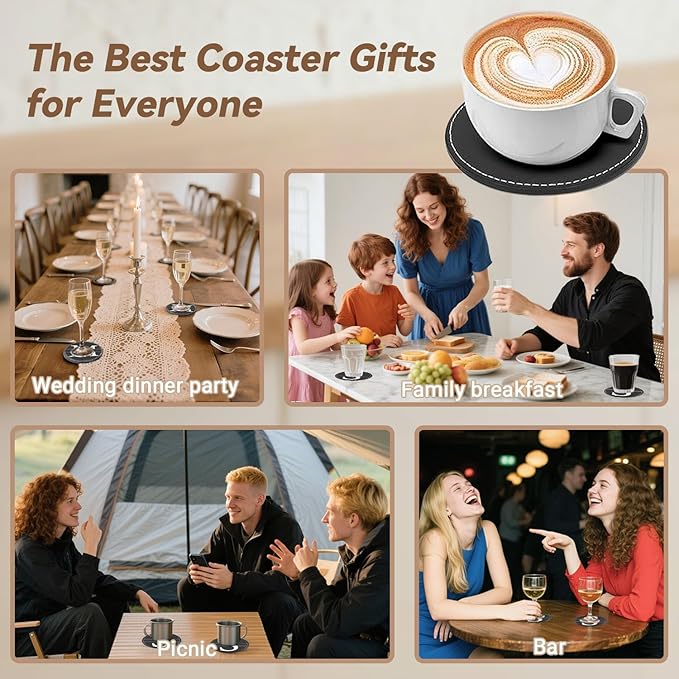 Personalized Coasters, Custom Set of 6 Leather Coaster for Drinks with Holder, DIY Customized Name, Logo, Text，Non-Slip, Heat Resistant, Waterproof for Coffee Table Bar Wine Cup Housewarming