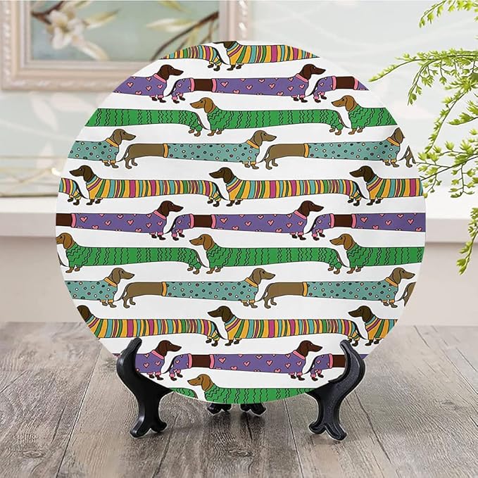 Decorative Plates, Dog Lover Print Ornament, Cartoon Style Dachshunds Dressed in Pyjamas Chevron, 7 Inch, 1 Plate with 1 Display Stand, Multicolor