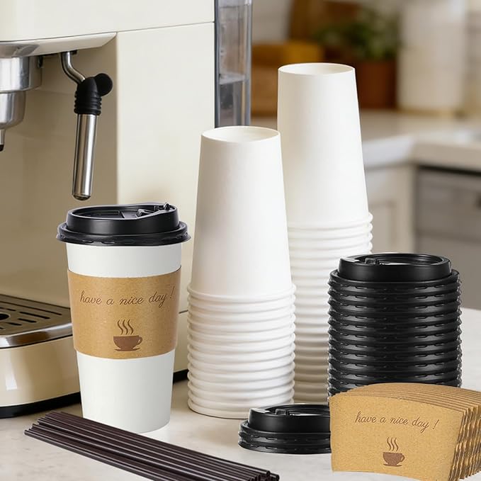 50 Pack 20 oz Disposable Paper Coffee Cups, Paper To Go Cups with Lids, Sleeve and Straw, Hot Paper Cups for Home, Office and Party (White 20oz)