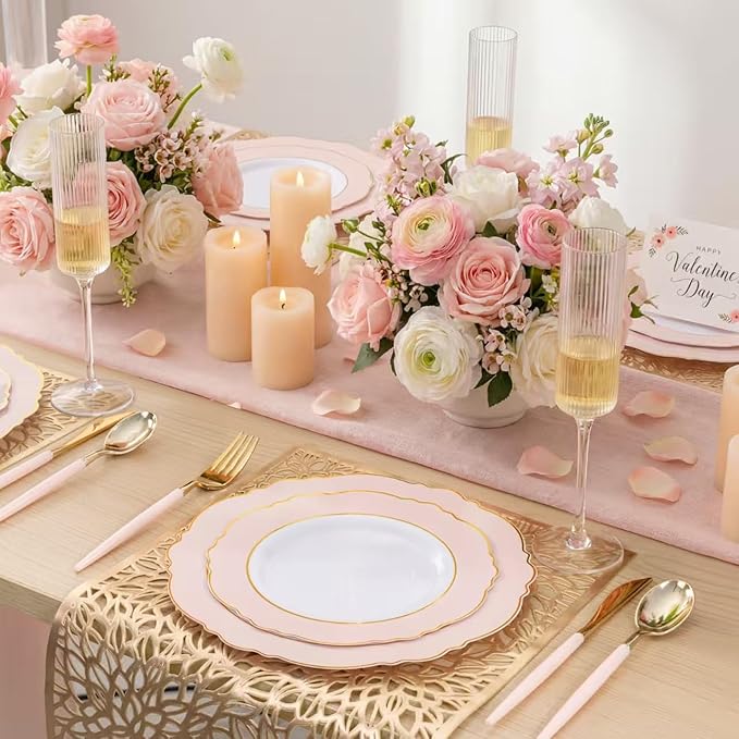 WDF 30Guest Pink Plates Disposable - Hign-end Baroque Design - Gold Plastic Silverware with Handle-Baroque Pink &Gold Plastic Dinnerware for Valentine's Day/Wedding