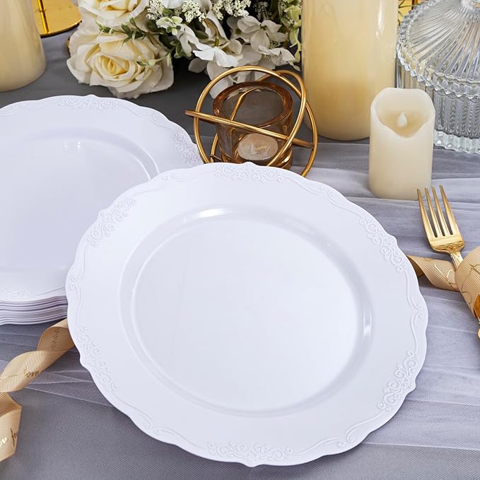 DaYammi 60PCS White Plastic Plates, Heavy Duty White Disposable Plates Premium 10inch Dinner Plates Hard Plastic Plates Disposable for Party Wedding Bridal Shower