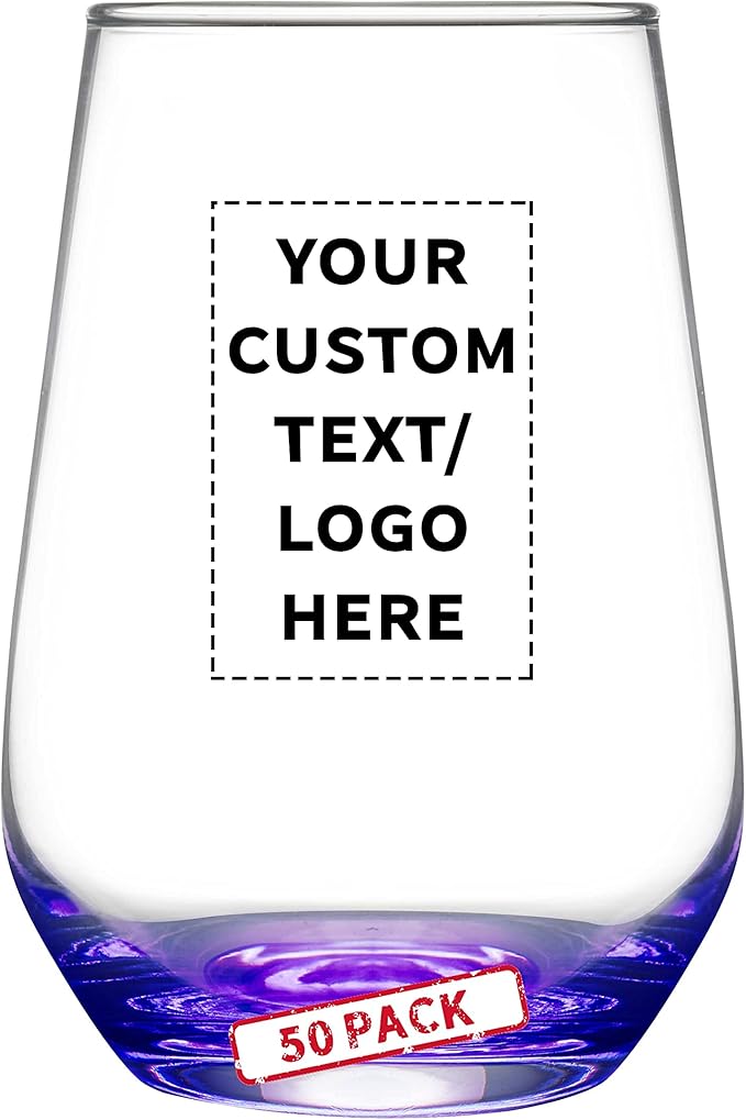 DISCOUNT PROMOS 50 Vaso Silicia Stemless Wine Glasses Set, 16 oz. - Personalized Text, Logo - Clear, Orb-Like, Thick base - Purple