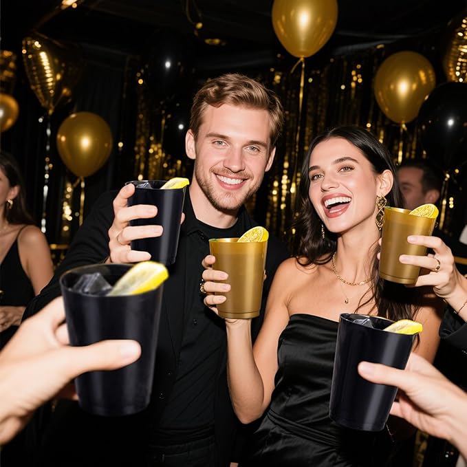 DaYammi 100 Pack Plastic Cups for Party- Disposable Gold Cups and Black Cup Include: 50 Black Plastic Cup, Gold Disposable cup for Party Supplies Festive Celebrations Wine Beer Beverage